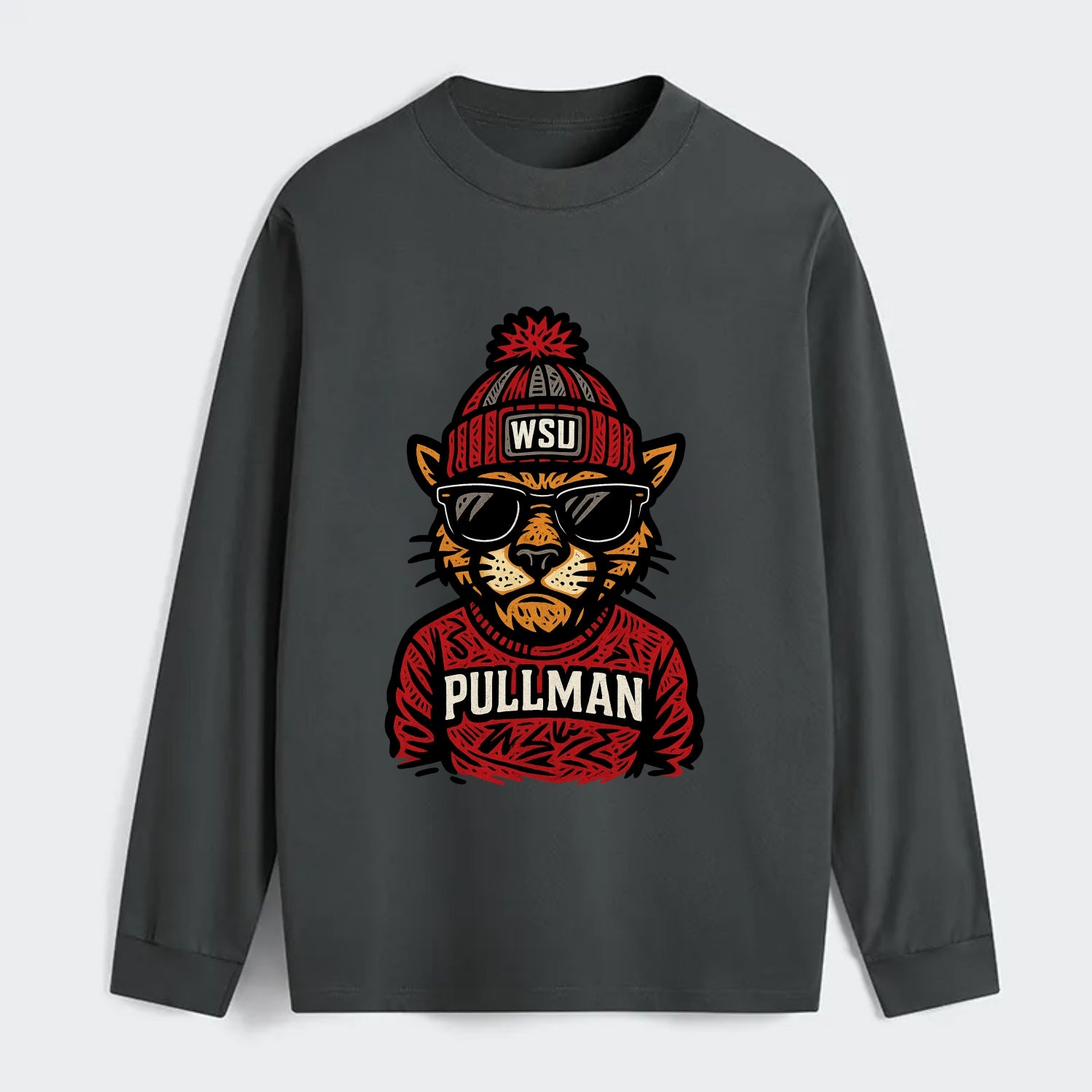 Pullman Cougar wearing Washington State beanie with WSU patch - Classic Long Sleeve Shirt - Gray