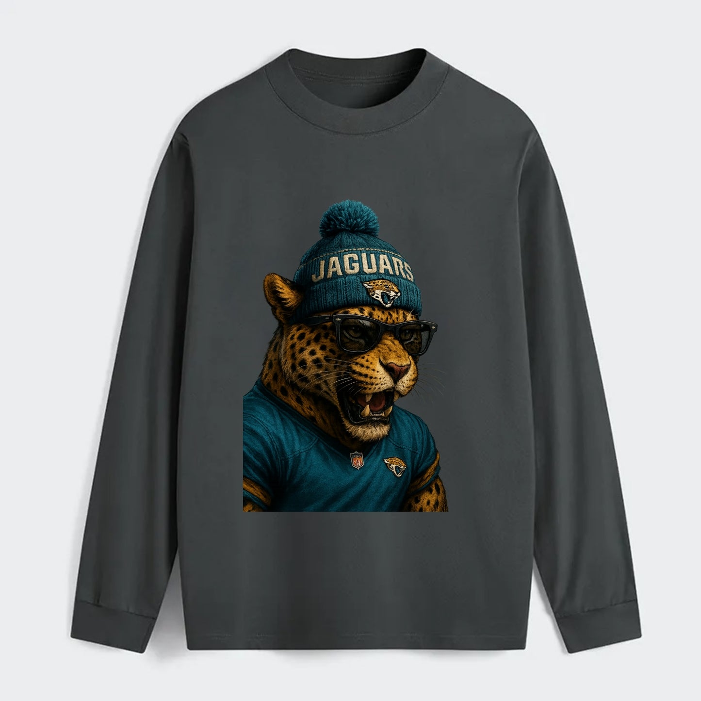 Jacksonville Jaguar wearing Jaguars teal and gold beanie with pom pom - Classic Long Sleeve Shirt - Gray