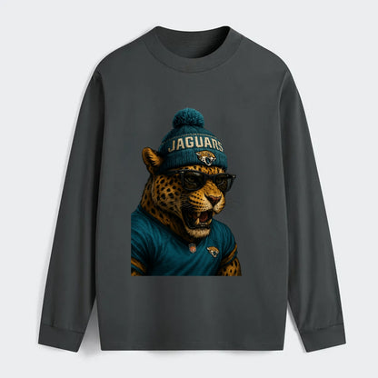 Jacksonville Jaguar wearing Jaguars teal and gold beanie with pom pom - Classic Long Sleeve Shirt - Gray