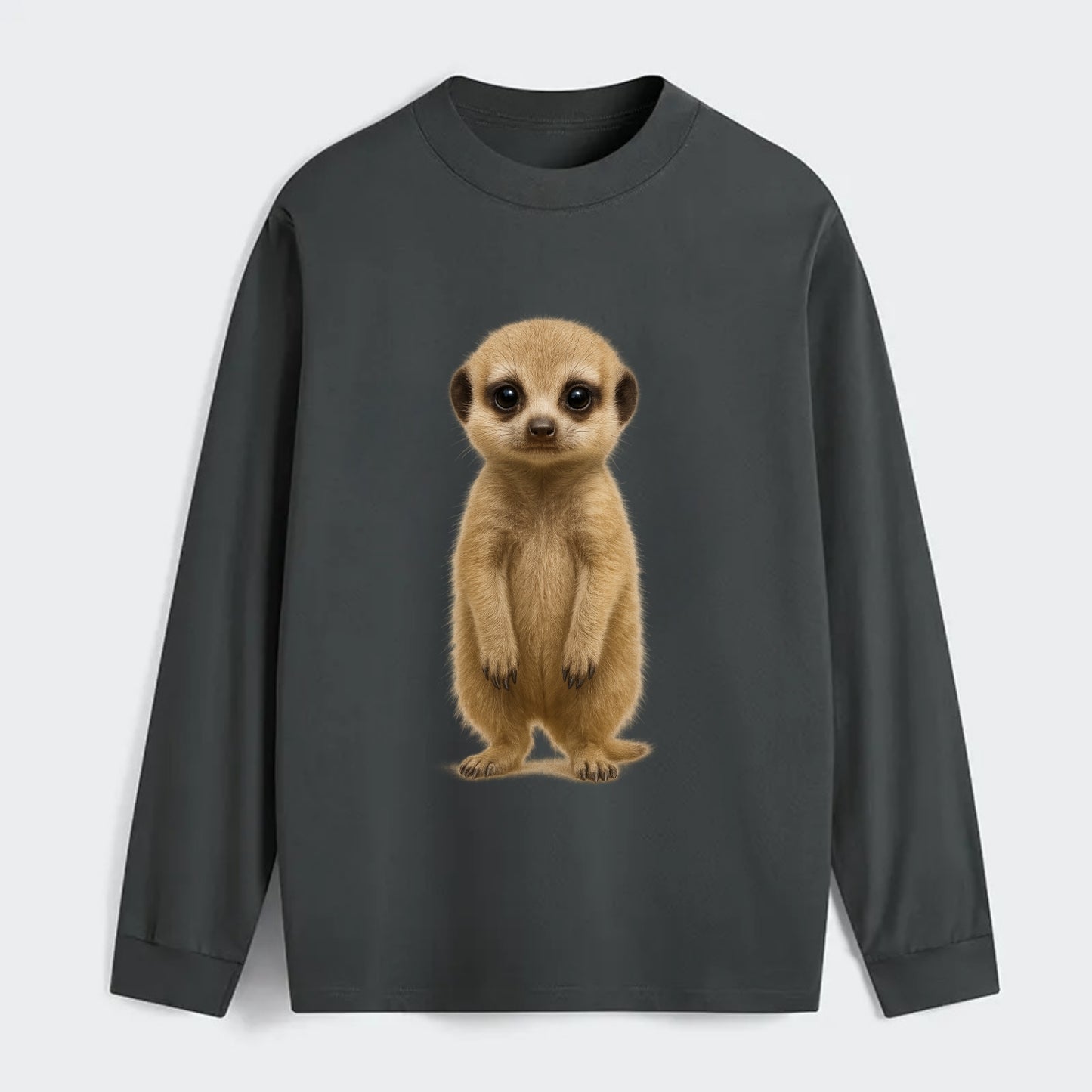 Baby Meerkat - tan fur, dark eye patches, alert stance, bright eyes, - Classic Long Sleeve Shirt - Gray