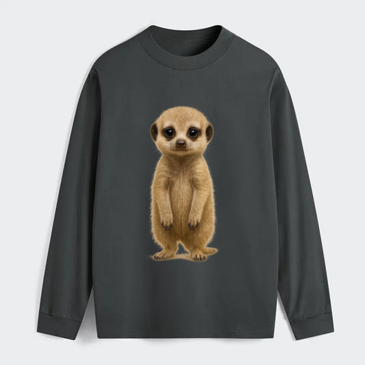 Baby Meerkat - tan fur, dark eye patches, alert stance, bright eyes, - Classic Long Sleeve Shirt - Gray
