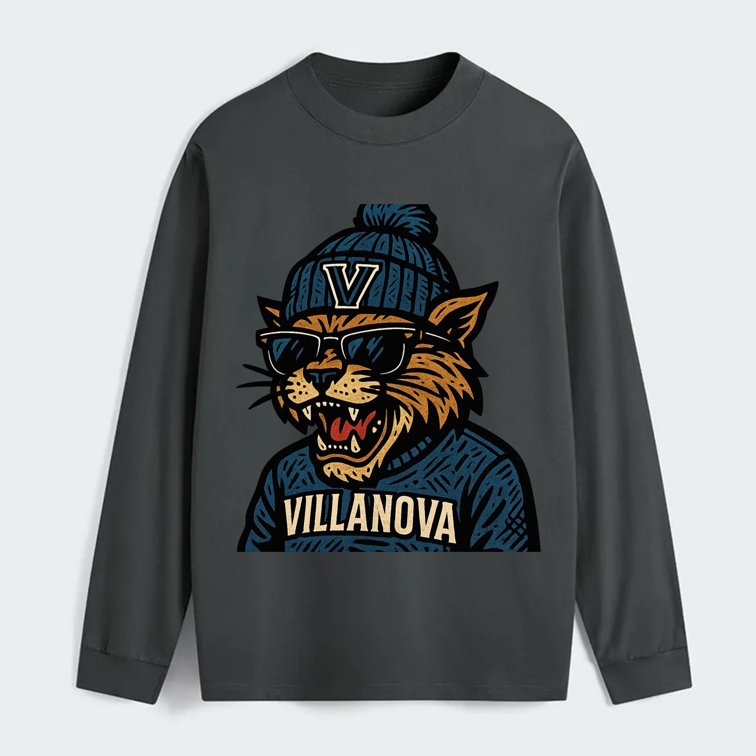 Villanova Wildcat wearing Villanova beanie with V patch - Classic Long Sleeve Shirt - Gray