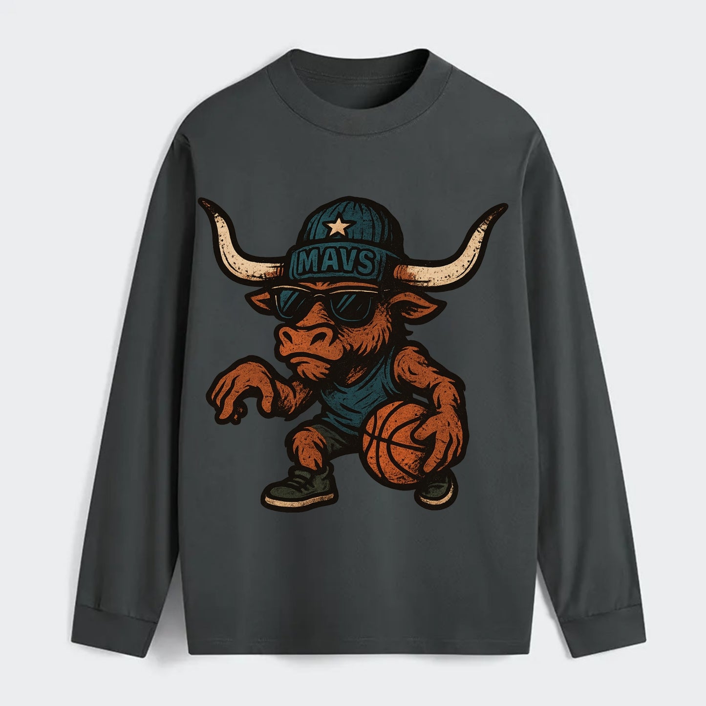 Texas Longhorn wearing Mavs beanie with lone star patch and wayfarer - Classic Long Sleeve Shirt - Gray