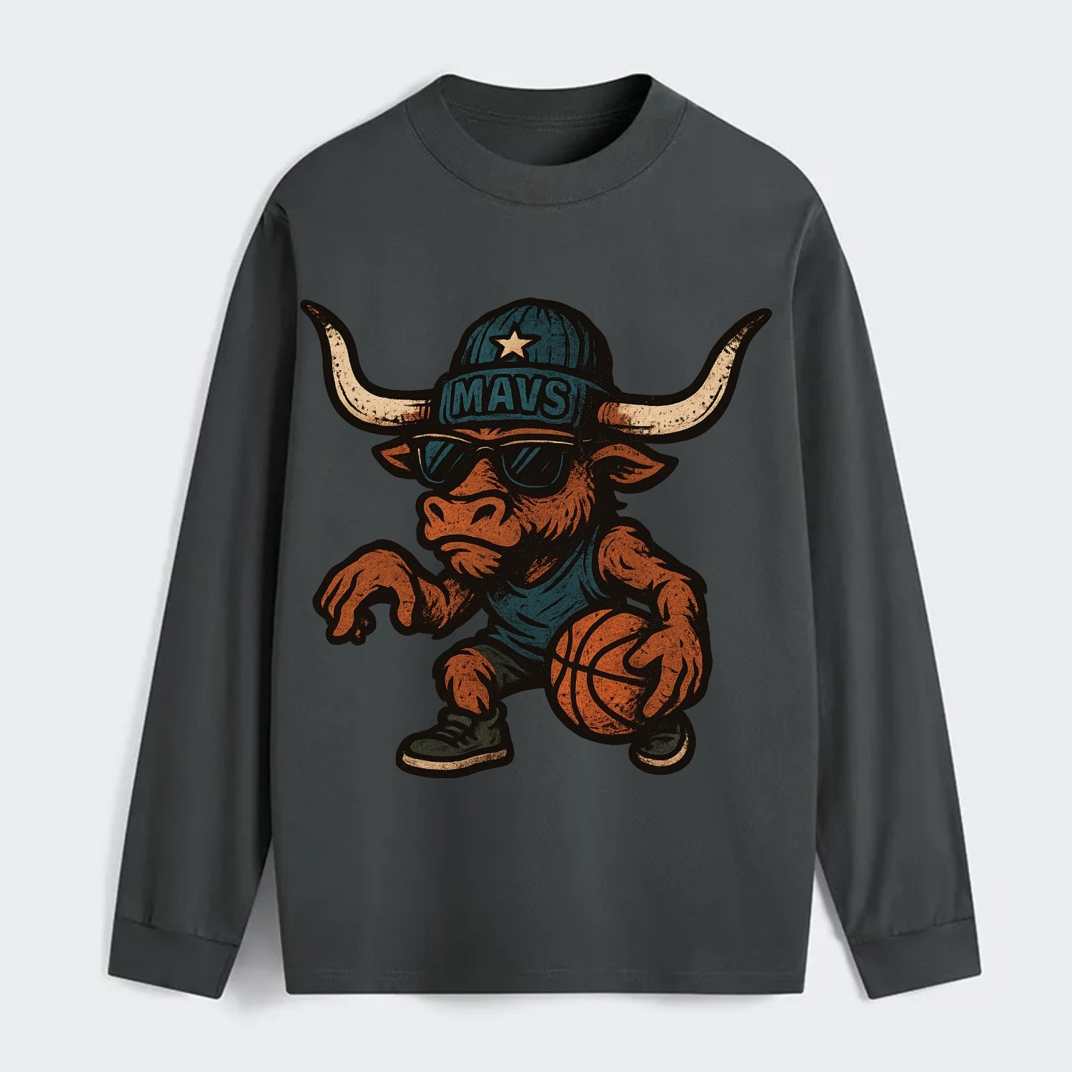 Texas Longhorn wearing Mavs beanie with lone star patch and wayfarer - Classic Long Sleeve Shirt - Gray