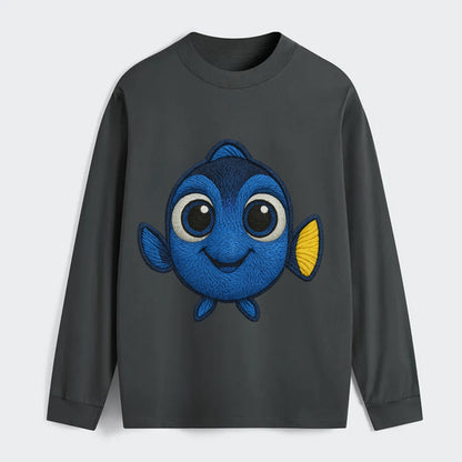 Baby Blue Tang - bright blue with yellow tail, big eyes, front-facing, - Classic Long Sleeve Shirt - Gray