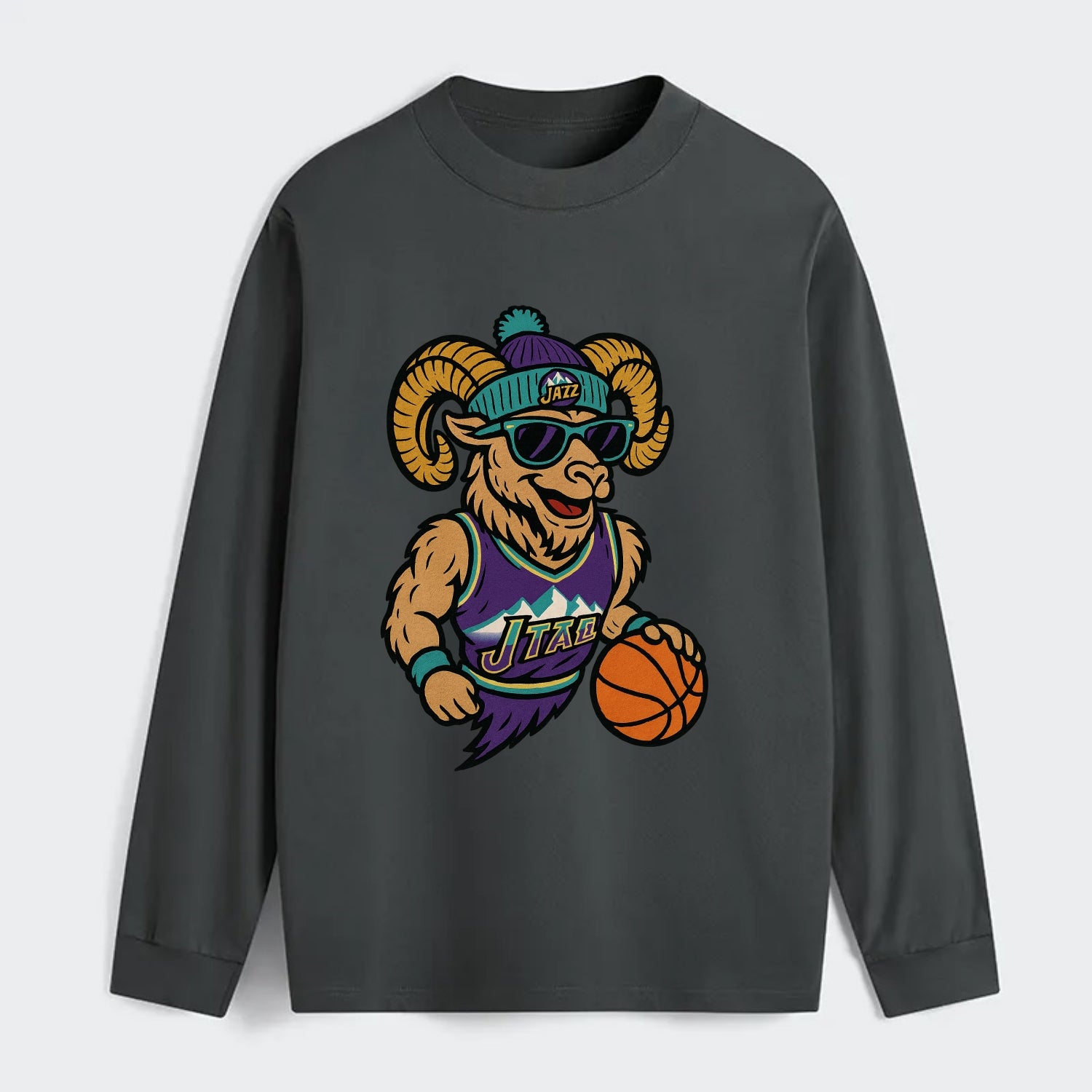 Utah Bighorn wearing Jazz beanie with mountain melody patch and - Classic Long Sleeve Shirt - Gray