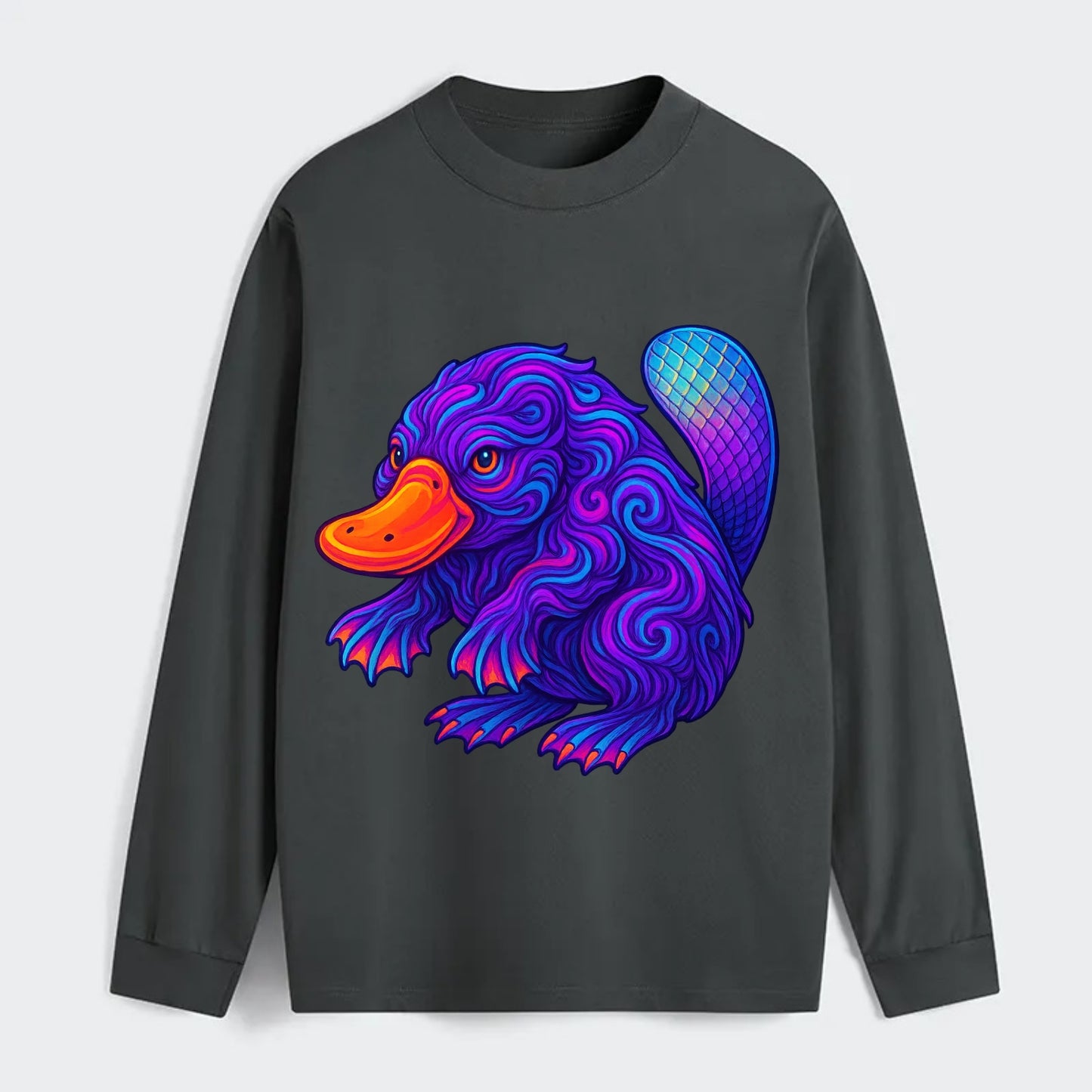 Quirky platypus with bill glowing in neon orange, beaver tail with - Classic Long Sleeve Shirt - Gray