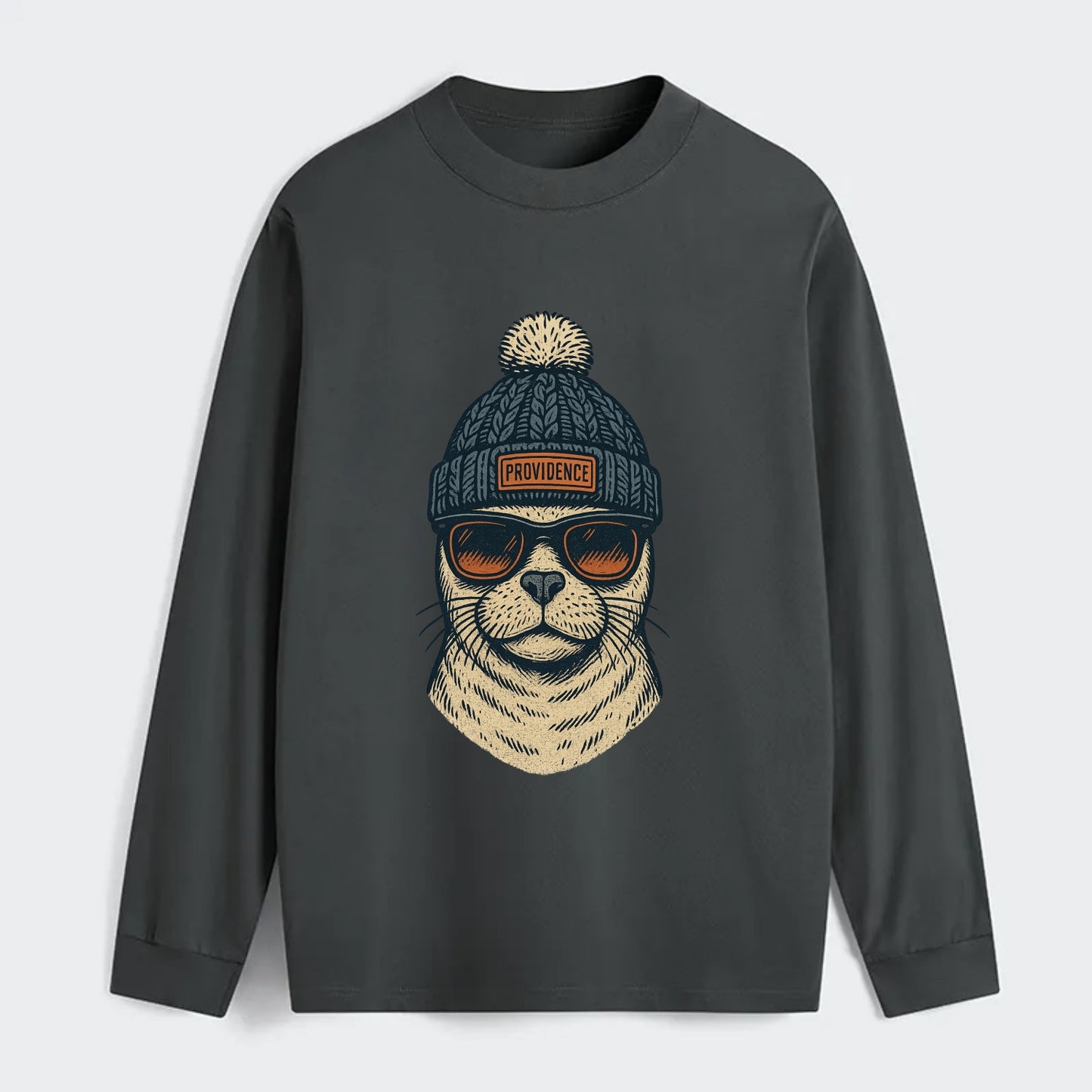 Rhode Island Harbor Seal wearing Providence beanie with pom pom and - Classic Long Sleeve Shirt - Gray