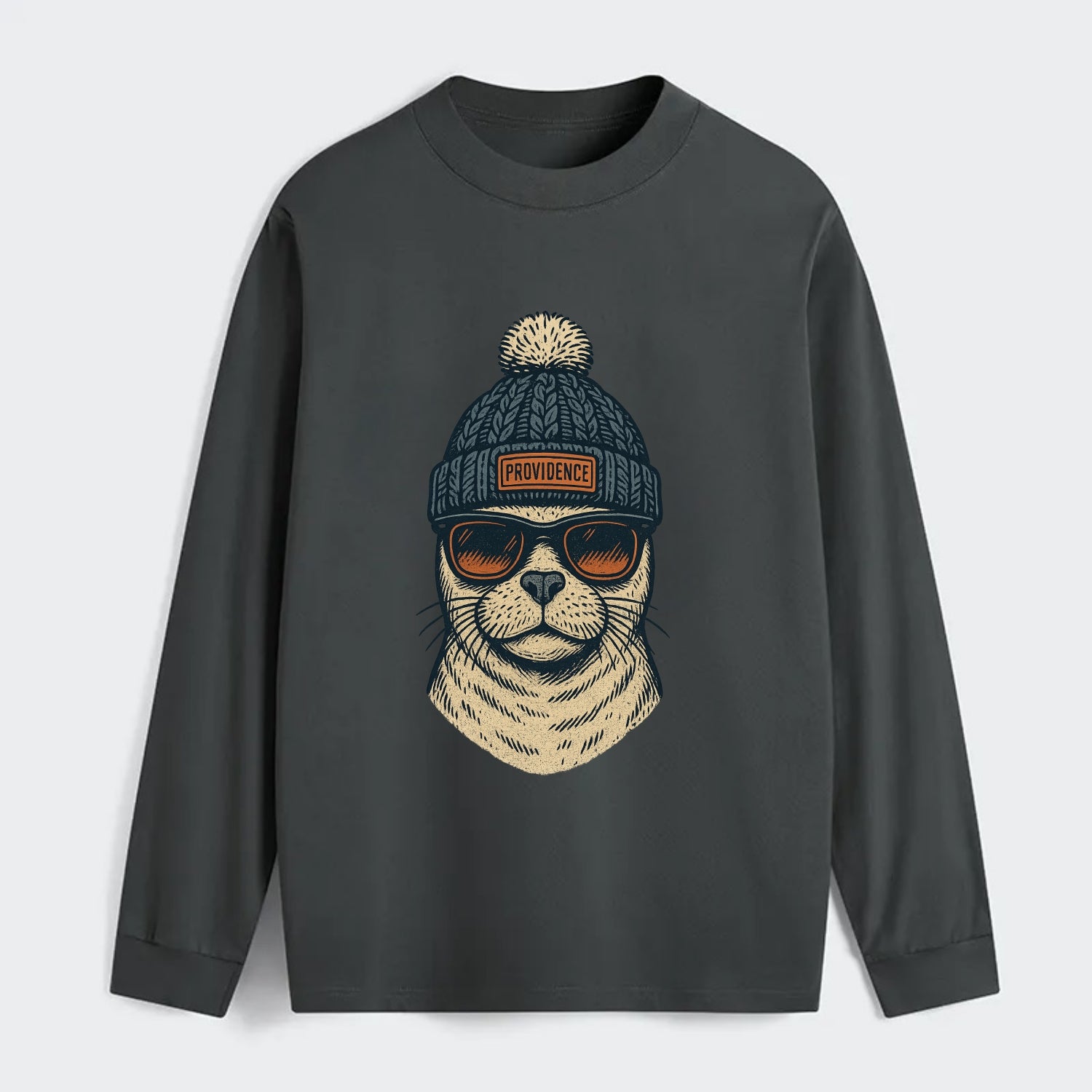 Rhode Island Harbor Seal wearing Providence beanie with pom pom and - Classic Long Sleeve Shirt - Gray