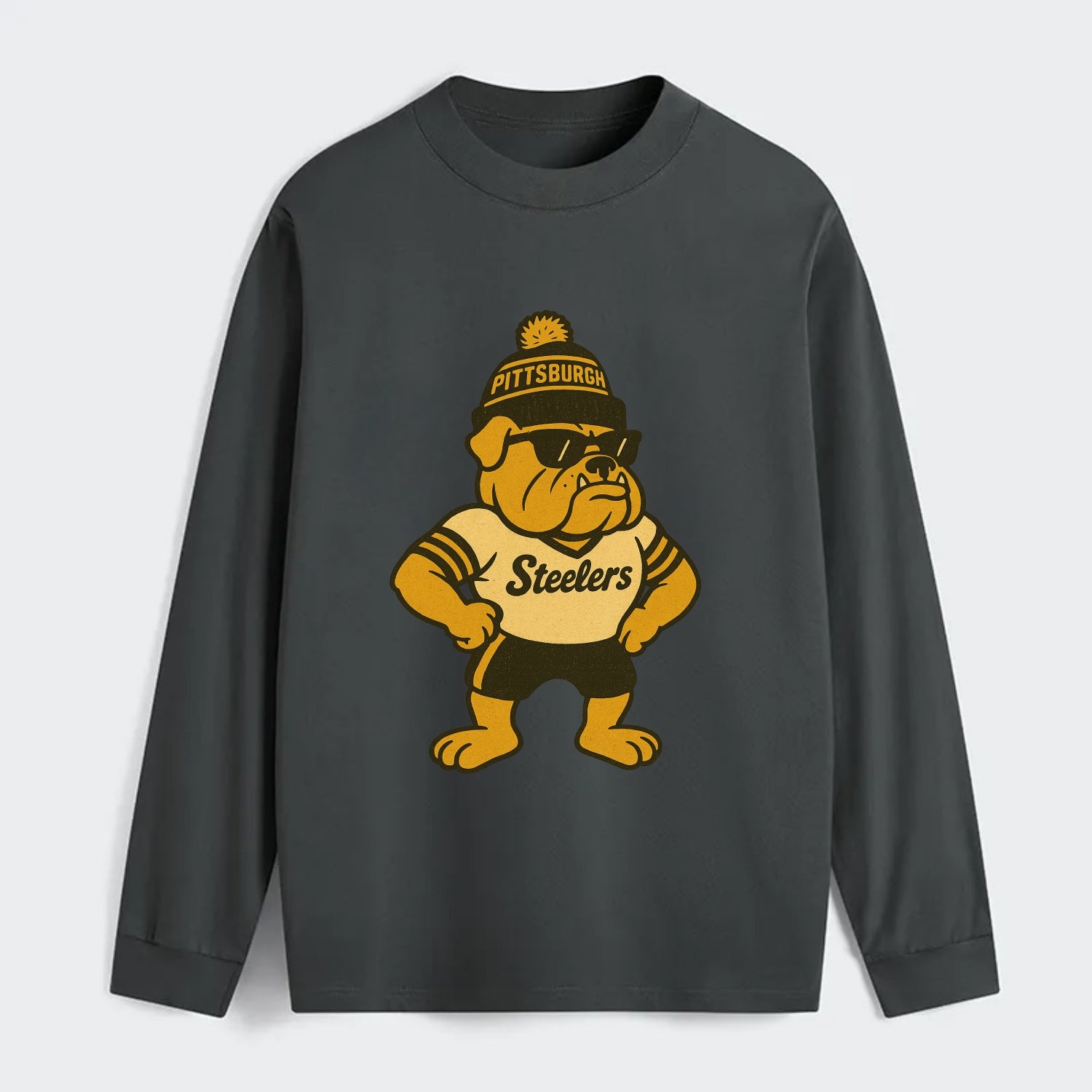 Pittsburgh Bulldog wearing Steelers black and gold beanie with pom pom - Classic Long Sleeve Shirt - Gray
