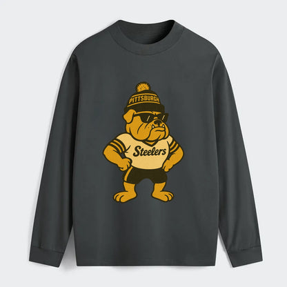 Pittsburgh Bulldog wearing Steelers black and gold beanie with pom pom - Classic Long Sleeve Shirt - Gray