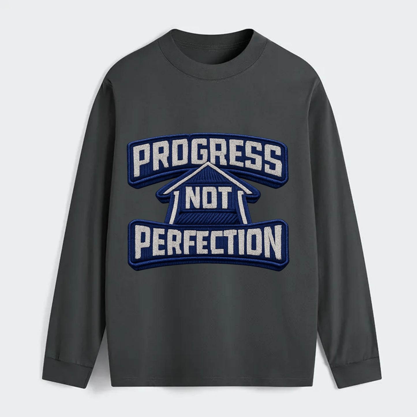 PROGRESS NOT PERFECTION - arrow with text in blue , growth mindset - Classic Long Sleeve Shirt - Gray
