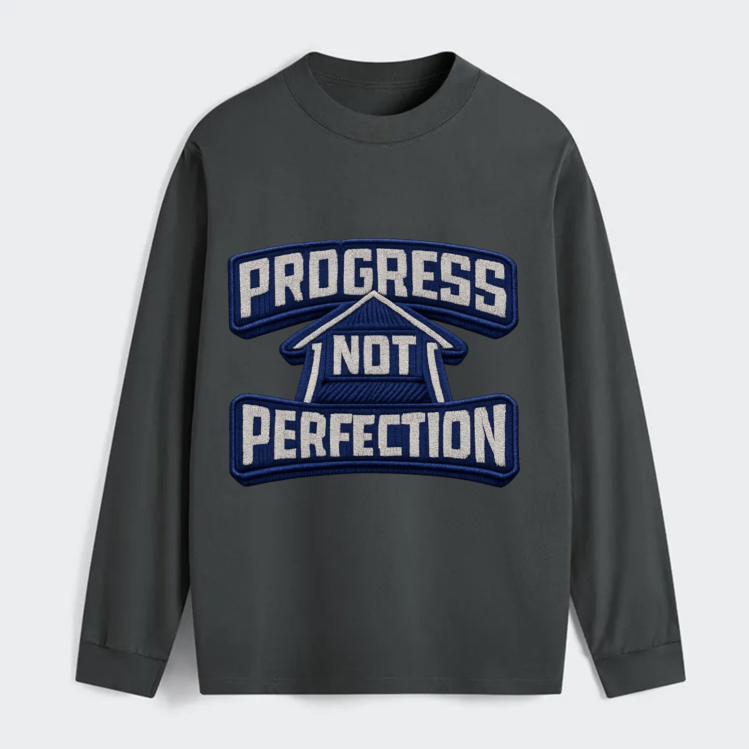 PROGRESS NOT PERFECTION - arrow with text in blue , growth mindset - Classic Long Sleeve Shirt - Gray