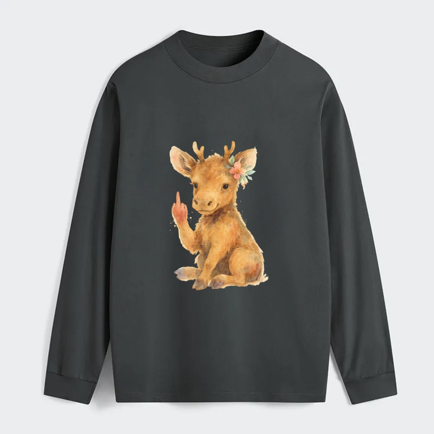 baby moose with adorable tiny antlers, one hoof raised in attitude - Classic Long Sleeve Shirt - Gray