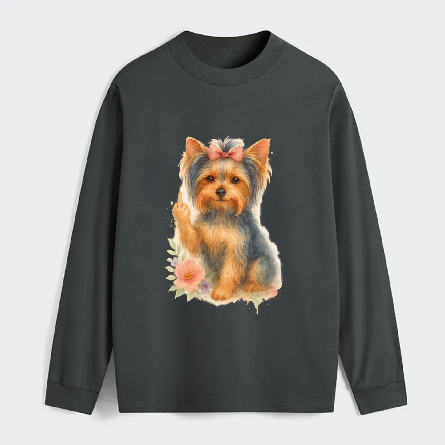 Yorkshire Terrier with topknot bow, one delicate paw flipping off - Classic Long Sleeve Shirt - Gray