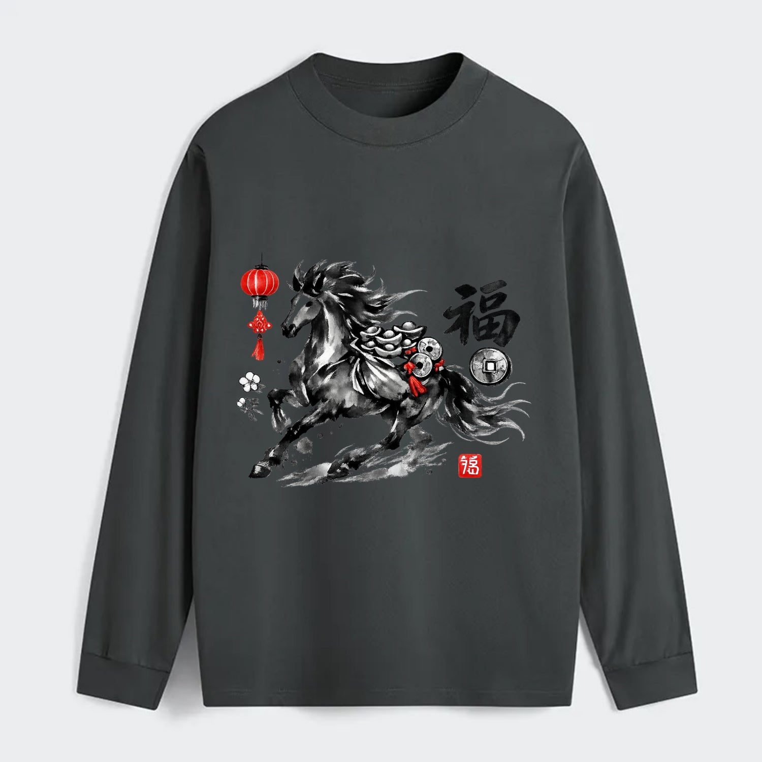 PROSPERITY HORSE | Horse carrying gold ingots and coins | Chinese knot - Classic Long Sleeve Shirt - Gray