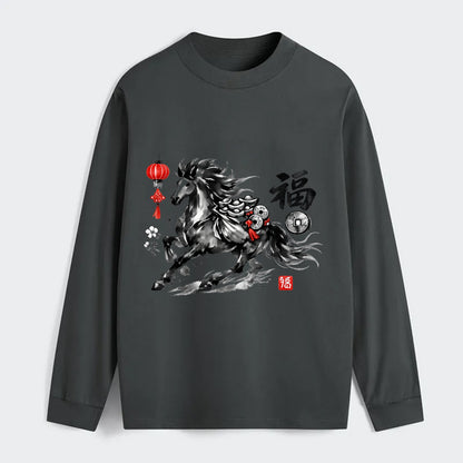 PROSPERITY HORSE | Horse carrying gold ingots and coins | Chinese knot - Classic Long Sleeve Shirt - Gray