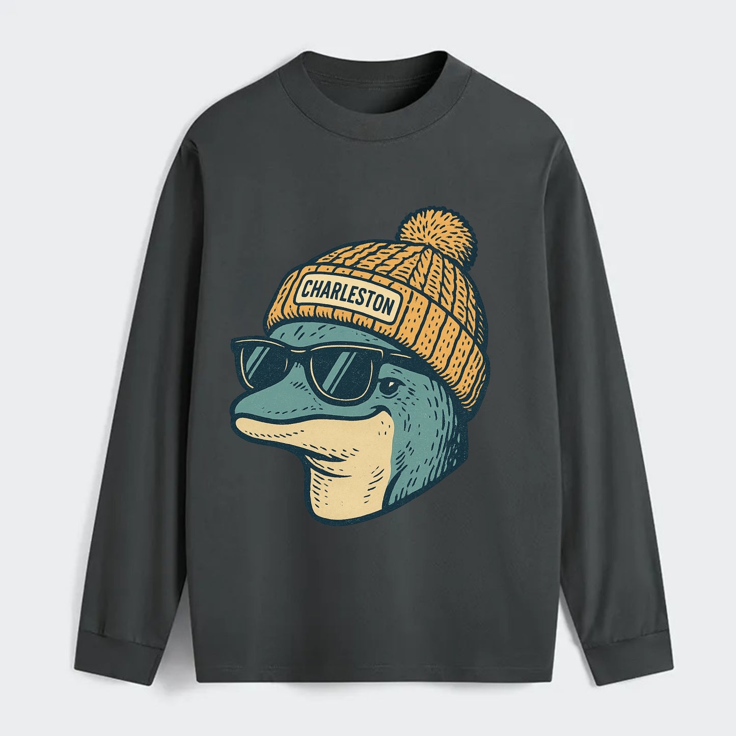 Charleston Dolphin wearing Charleston beanie with pom pom and wayfarer - Classic Long Sleeve Shirt - Gray