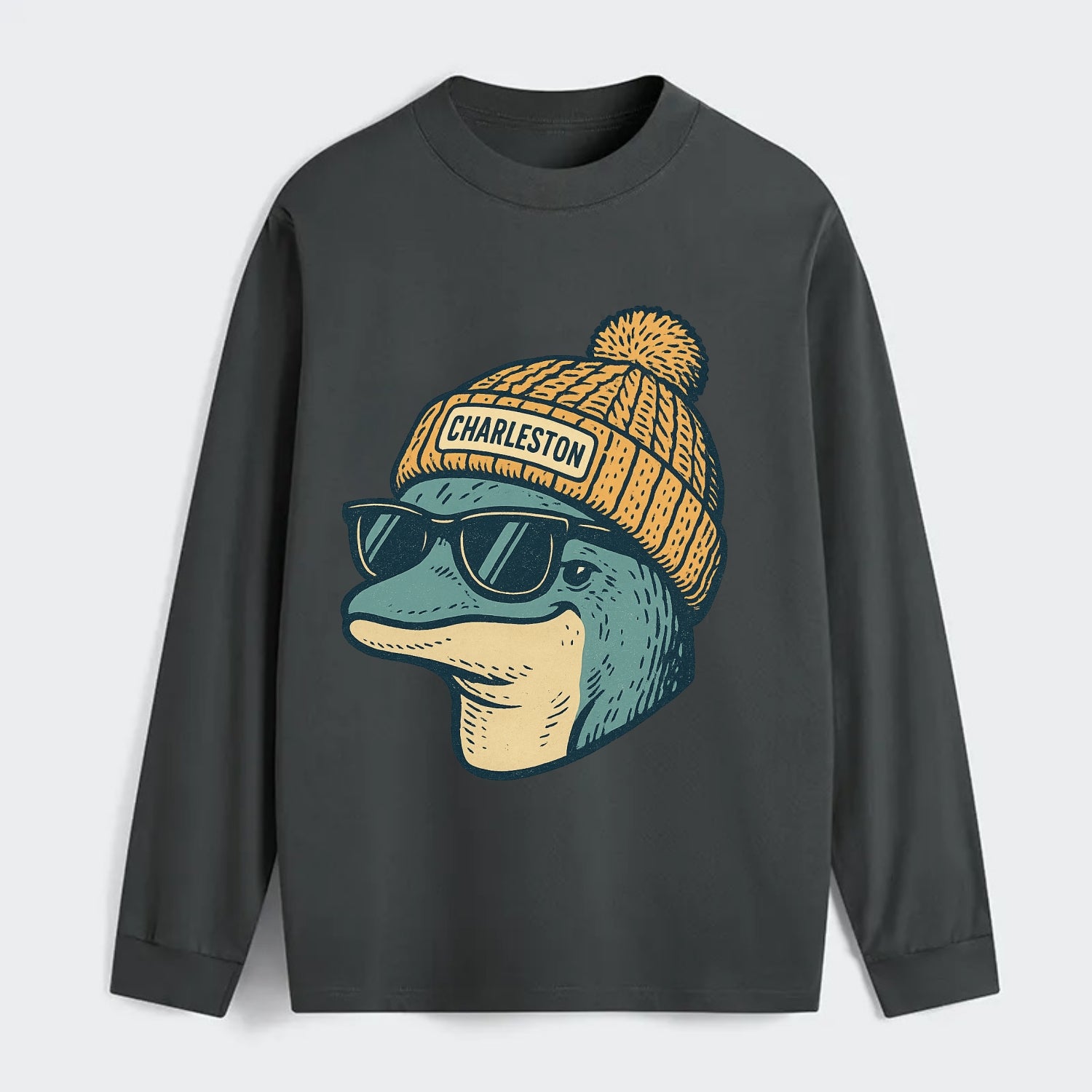 Charleston Dolphin wearing Charleston beanie with pom pom and wayfarer - Classic Long Sleeve Shirt - Gray