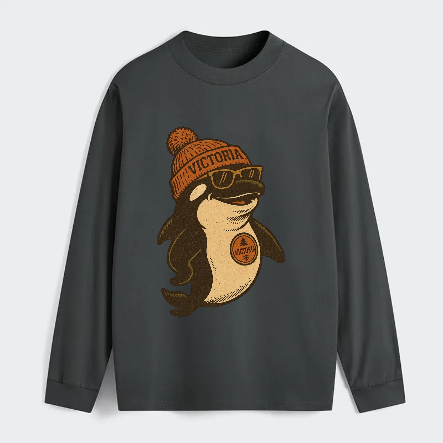 Victoria Orca wearing Victoria beanie with pom pom and wayfarer - Classic Long Sleeve Shirt - Gray