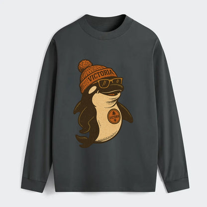 Victoria Orca wearing Victoria beanie with pom pom and wayfarer - Classic Long Sleeve Shirt - Gray