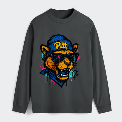 Pittsburgh Panther wearing Pitt beanie with script patch - Classic Long Sleeve Shirt - Gray