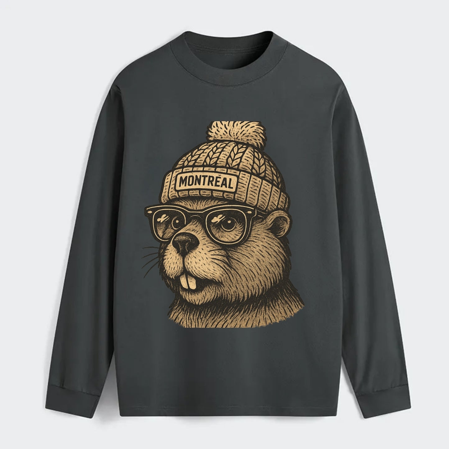 Montreal Beaver wearing Montreal beanie with pom pom and wayfarer - Classic Long Sleeve Shirt - Gray