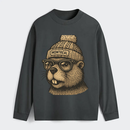 Montreal Beaver wearing Montreal beanie with pom pom and wayfarer - Classic Long Sleeve Shirt - Gray