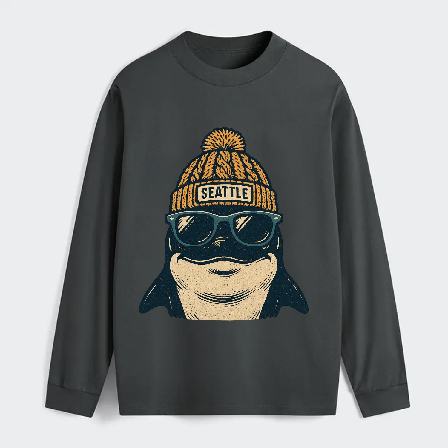 Seattle Orca wearing Seattle beanie with pom pom and wayfarer sunglasses - Classic Long Sleeve Shirt - Gray