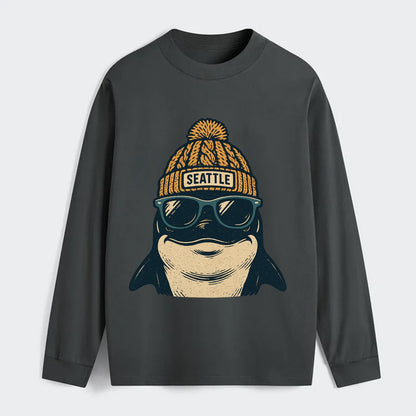 Seattle Orca wearing Seattle beanie with pom pom and wayfarer sunglasses - Classic Long Sleeve Shirt - Gray
