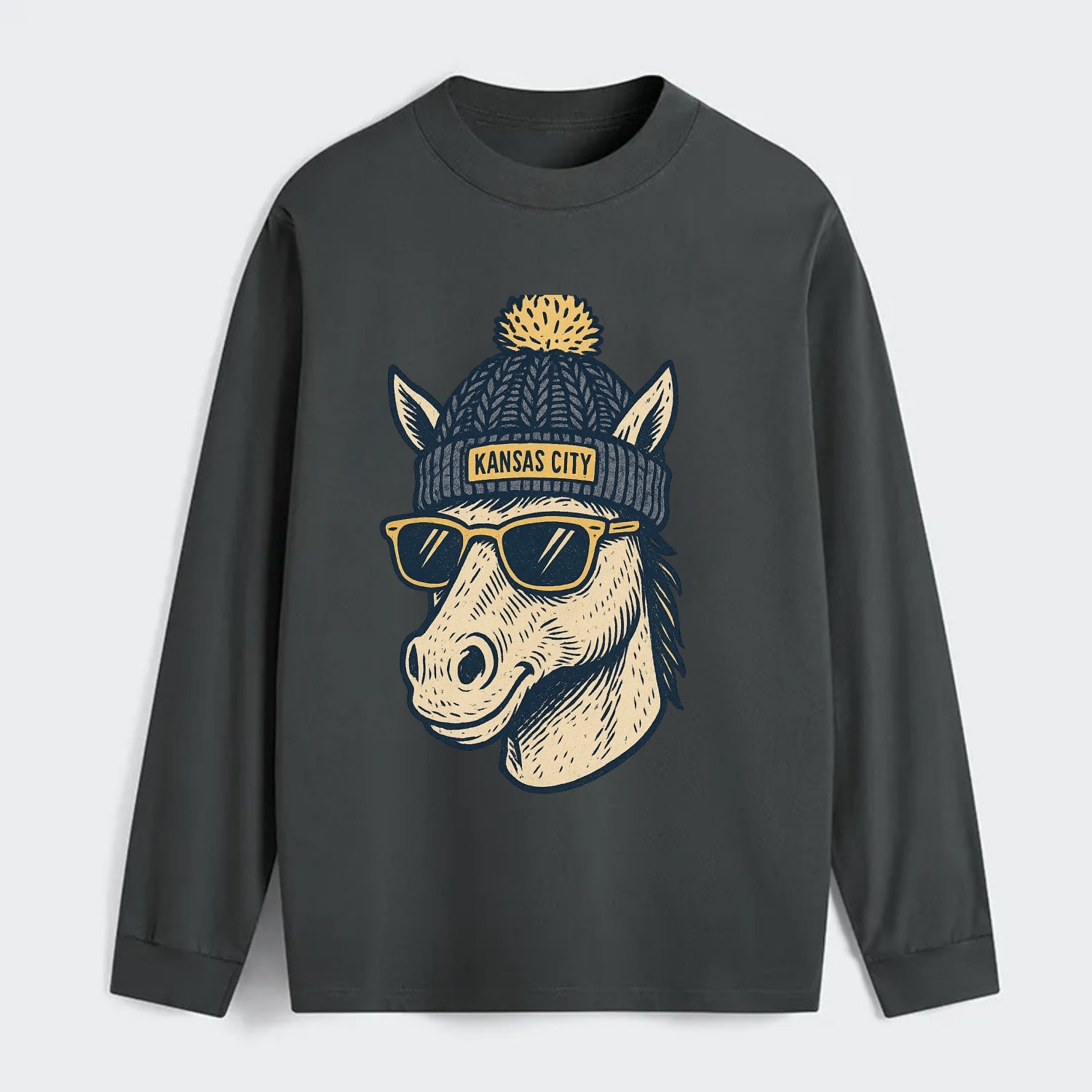 Missouri Mule wearing Kansas City beanie with pom pom and wayfarer - Classic Long Sleeve Shirt - Gray