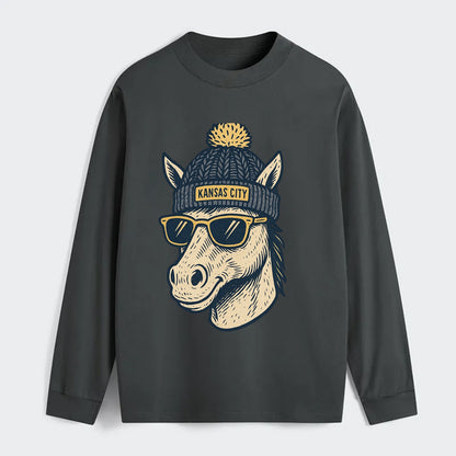 Missouri Mule wearing Kansas City beanie with pom pom and wayfarer - Classic Long Sleeve Shirt - Gray