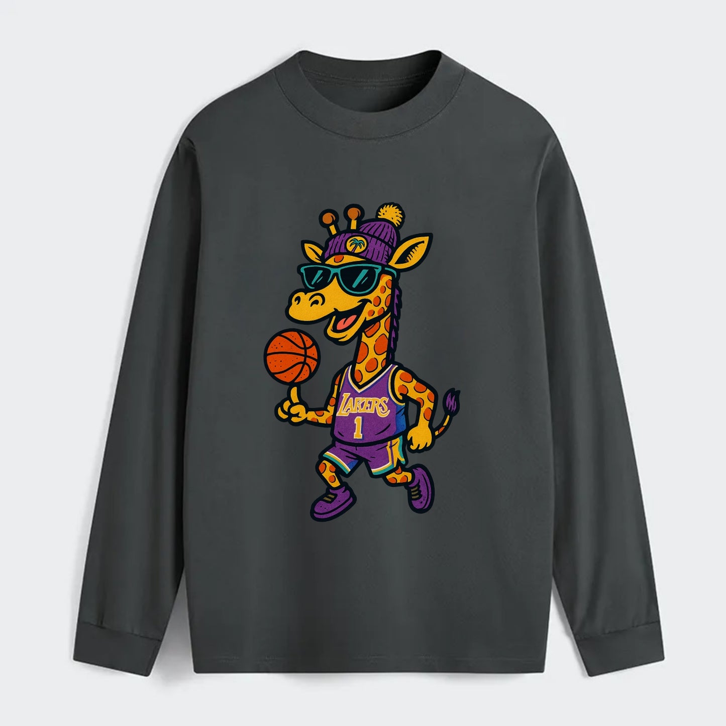 California Giraffe wearing Lakers beanie with palm tree patch and - Classic Long Sleeve Shirt - Gray