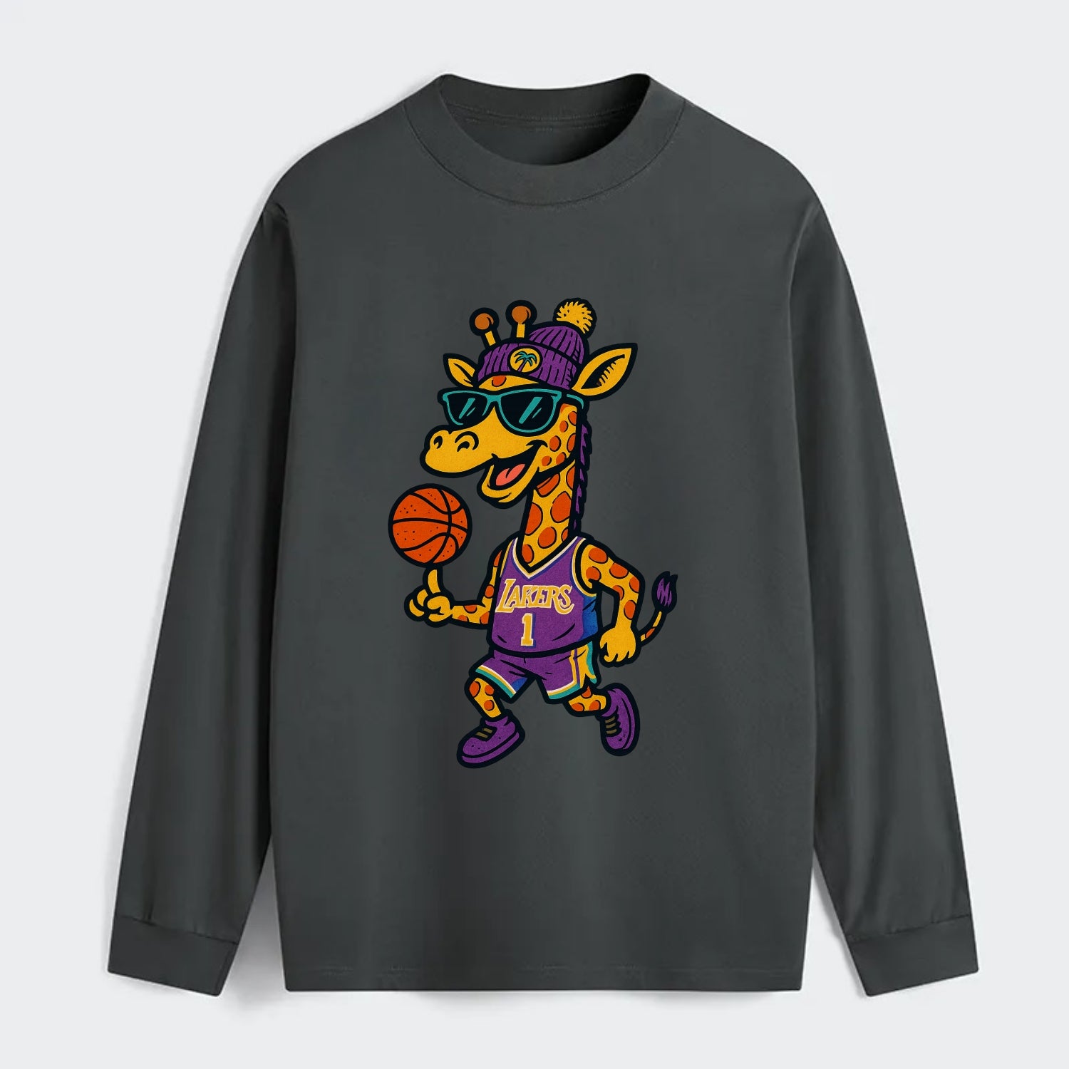 California Giraffe wearing Lakers beanie with palm tree patch and - Classic Long Sleeve Shirt - Gray