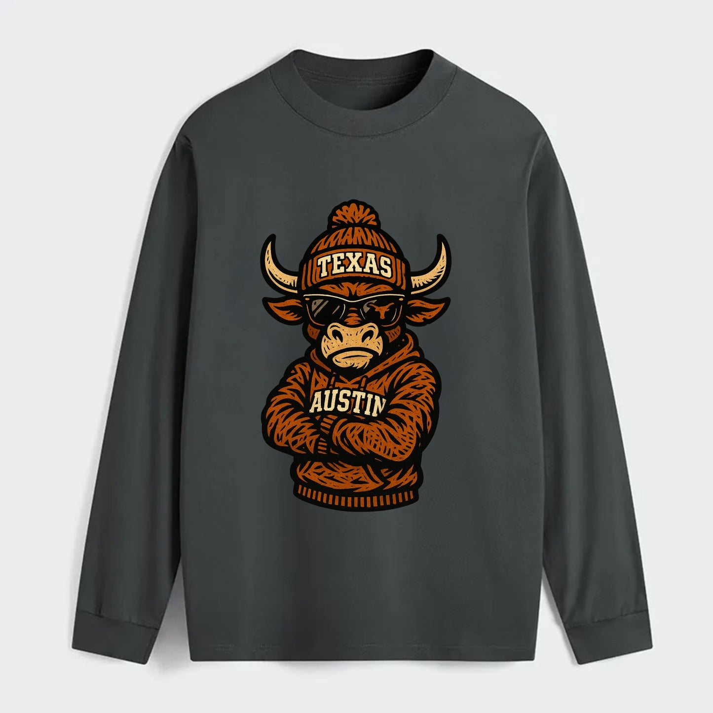 Austin Bevo wearing Texas beanie with longhorn patch - Classic Long Sleeve Shirt - Gray