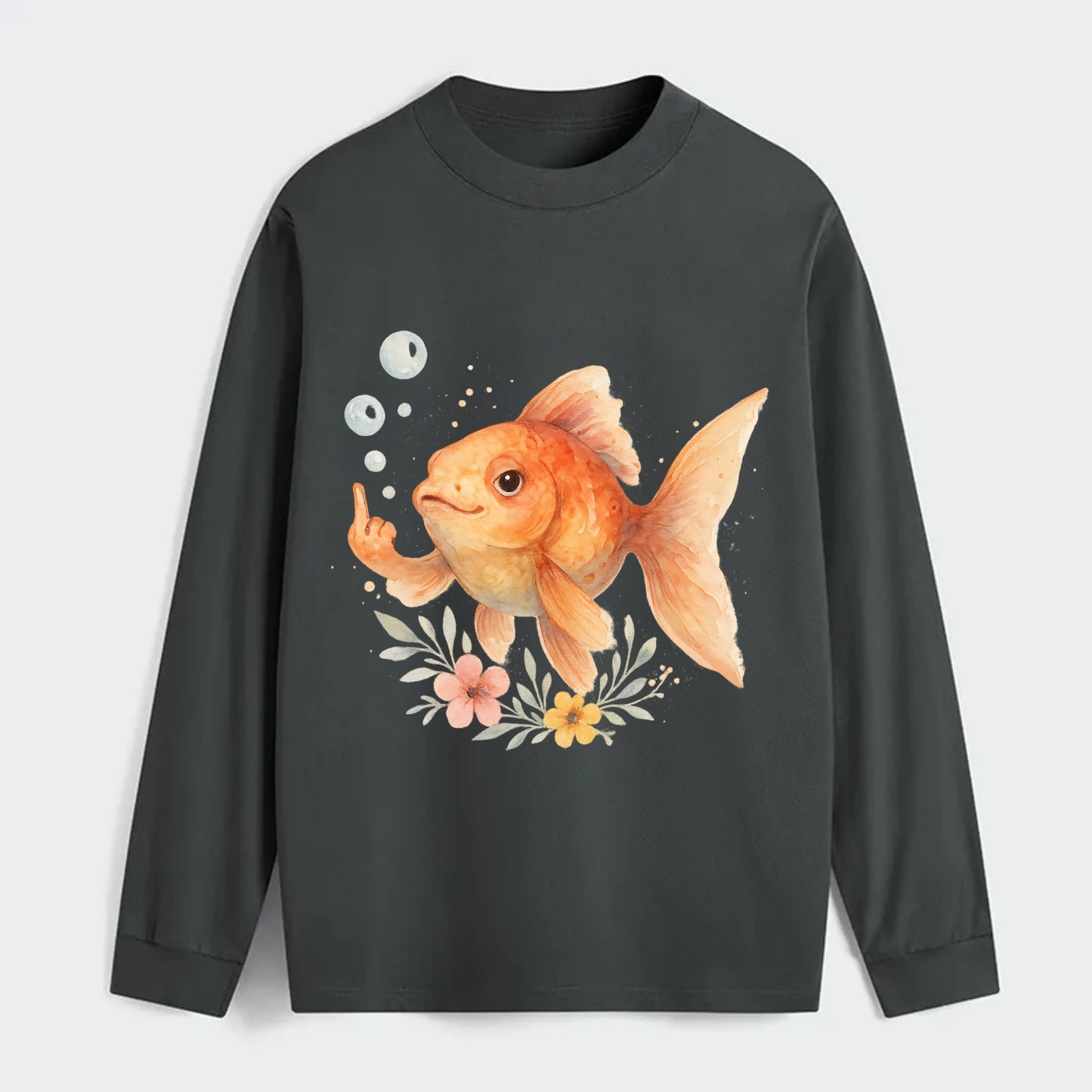 chubby goldfish blowing bubbles, one fin extended like middle finger - Classic Long Sleeve Shirt - Gray