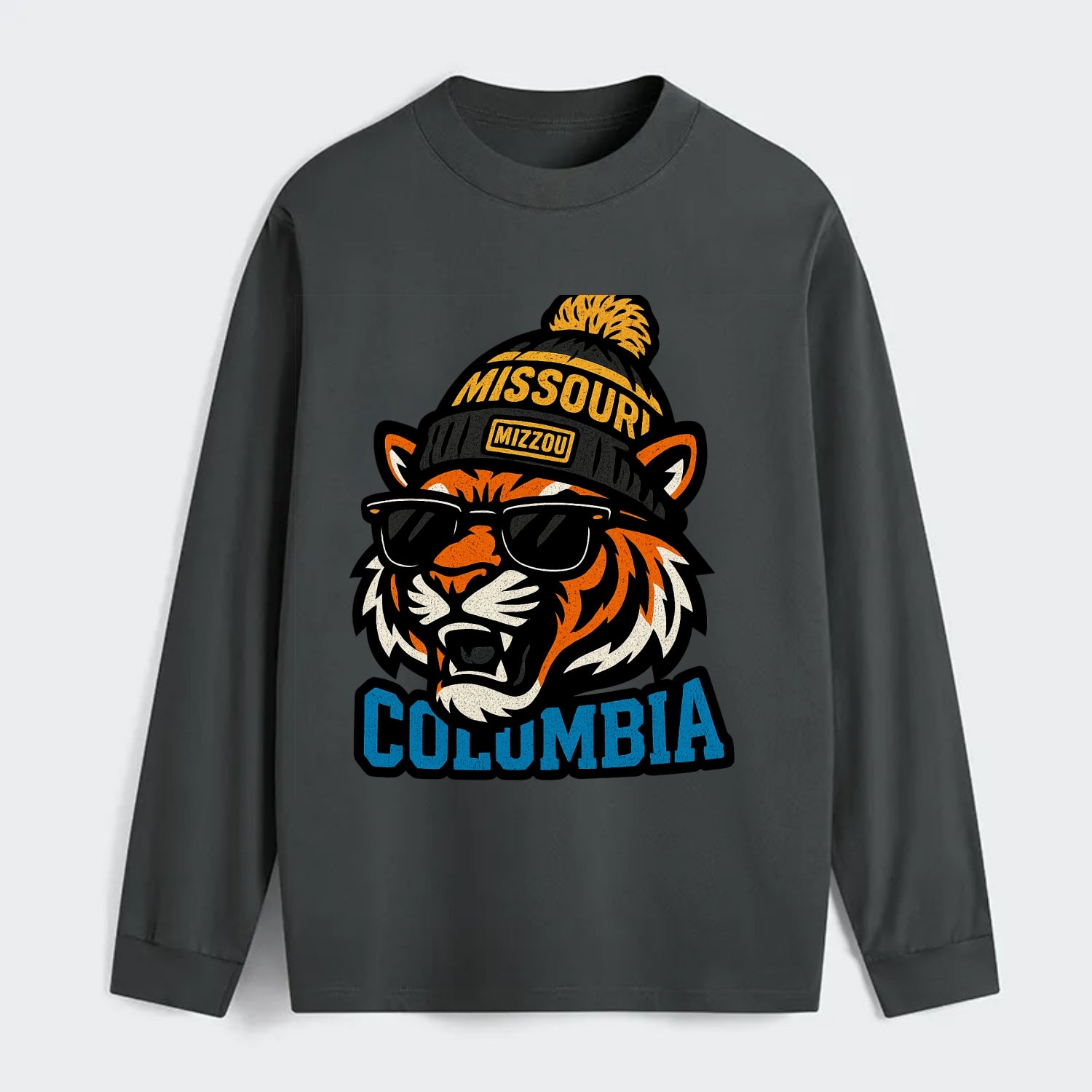 Columbia Tiger wearing Missouri beanie with Mizzou patch - Classic Long Sleeve Shirt - Gray