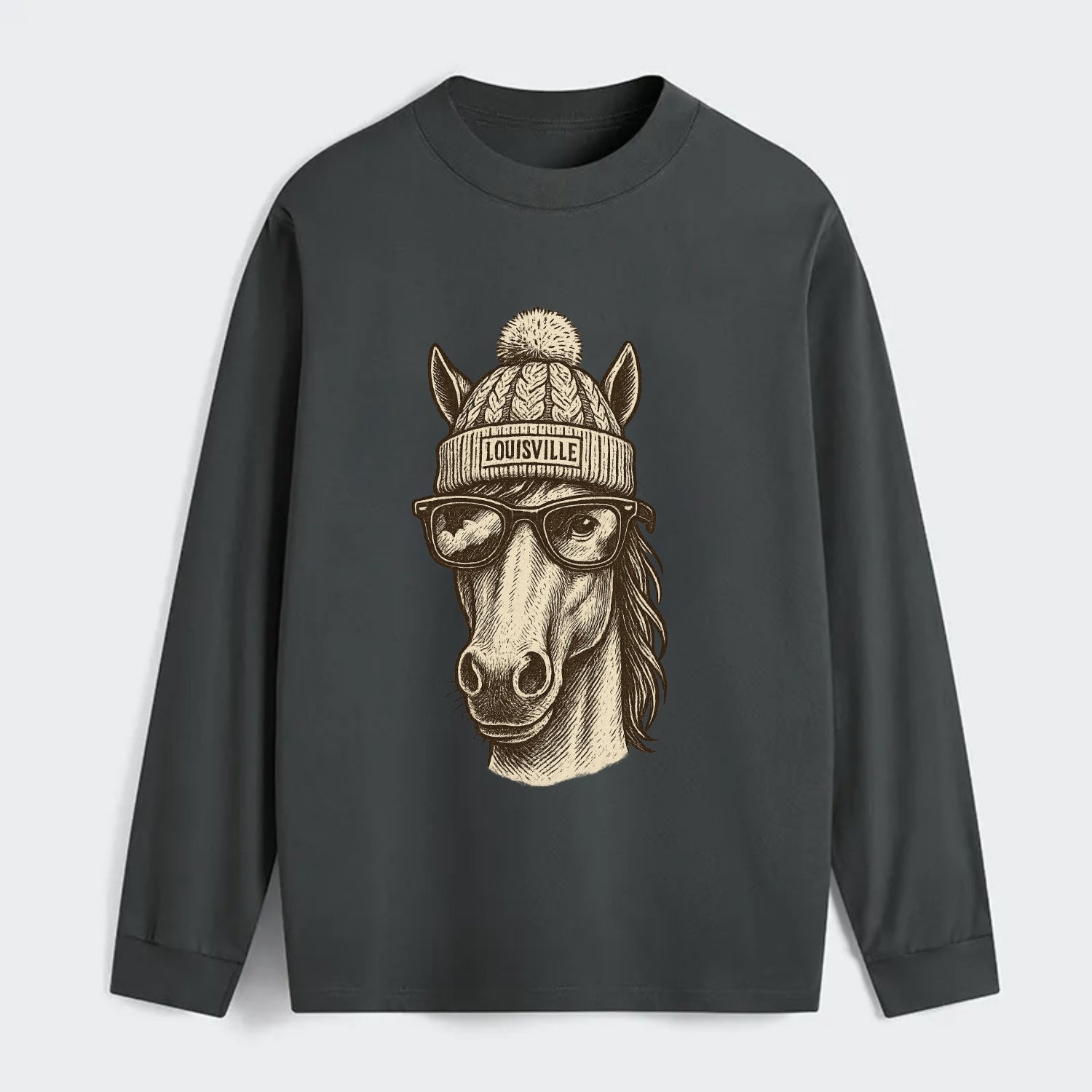 Kentucky Thoroughbred Horse wearing Louisville beanie with pom pom and - Classic Long Sleeve Shirt - Gray