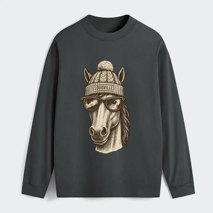 Kentucky Thoroughbred Horse wearing Louisville beanie with pom pom and - Classic Long Sleeve Shirt - Gray
