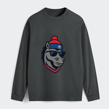 Detroit Stallion wearing Pistons red and blue beanie with piston patch - Classic Long Sleeve Shirt - Gray