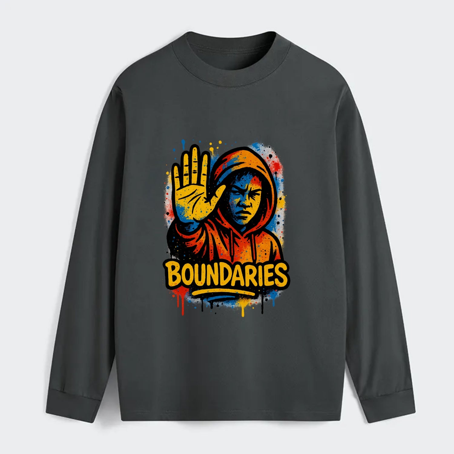 Person holding up hand in "stop" gesture - setting boundaries concept, - Classic Long Sleeve Shirt - Gray