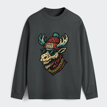 Park City Moose wearing Park City beanie with pom pom and wayfarer - Classic Long Sleeve Shirt - Gray