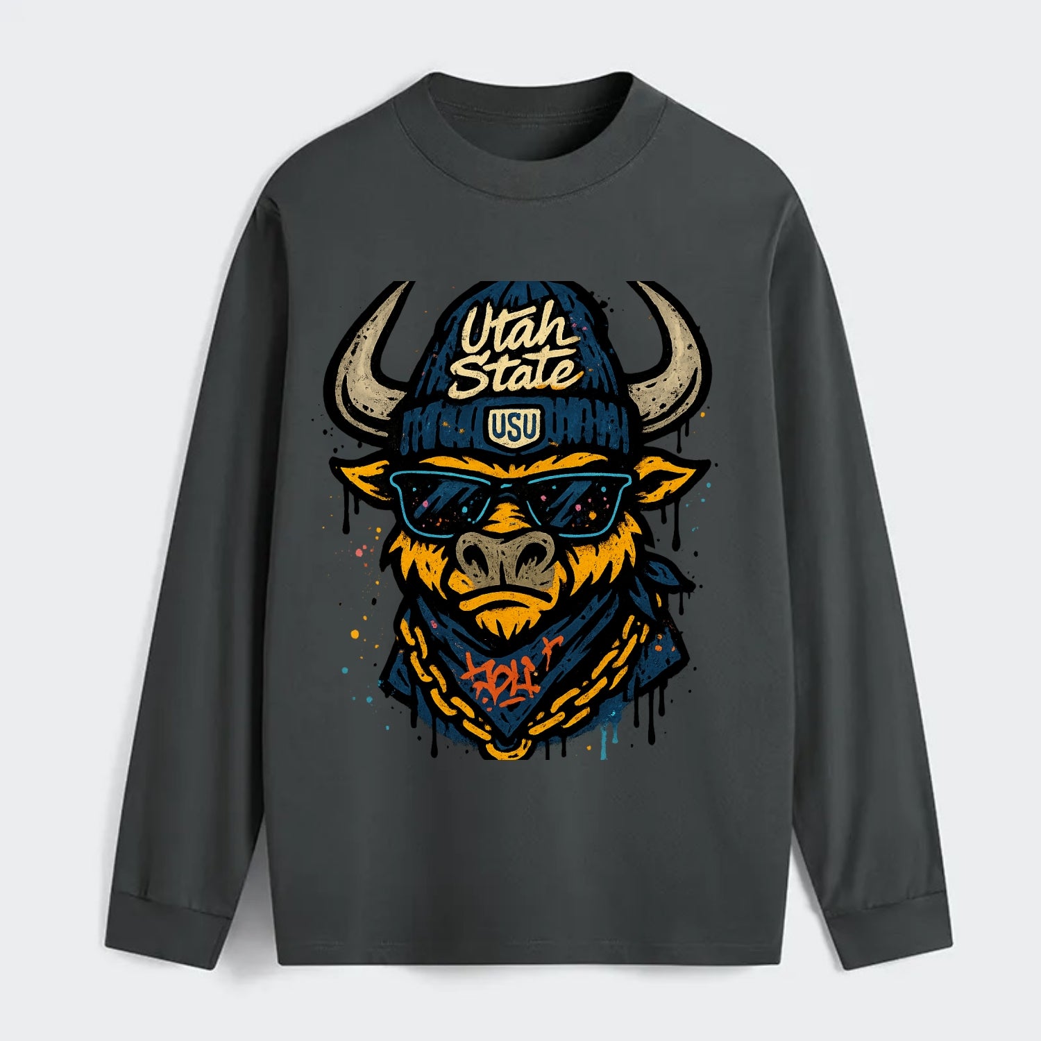 Logan Aggie wearing Utah State beanie with USU patch - Classic Long Sleeve Shirt - Gray