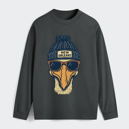 New Orleans Pelican wearing New Orleans beanie with pom pom and - Classic Long Sleeve Shirt - Gray