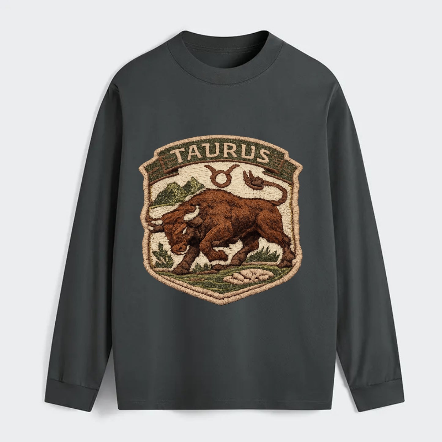 TAURUS BULL - strong bull in brown and green , earth sign - Classic Long Sleeve Shirt - Gray