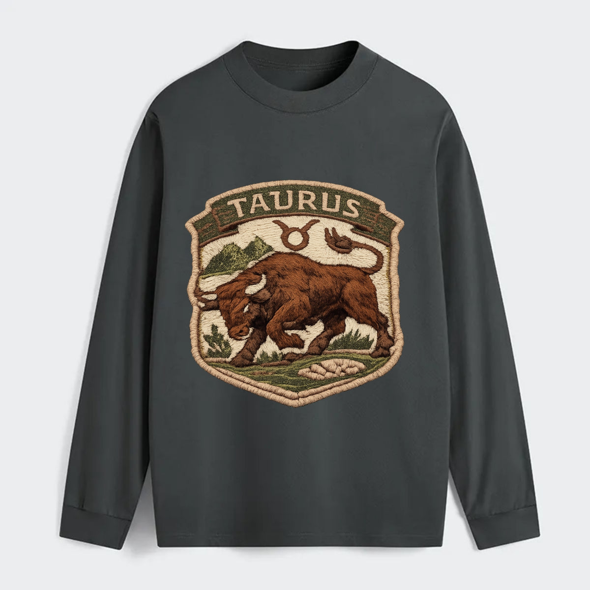 TAURUS BULL - strong bull in brown and green , earth sign - Classic Long Sleeve Shirt - Gray