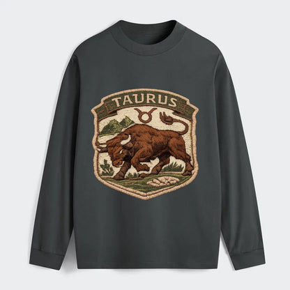 TAURUS BULL - strong bull in brown and green , earth sign - Classic Long Sleeve Shirt - Gray
