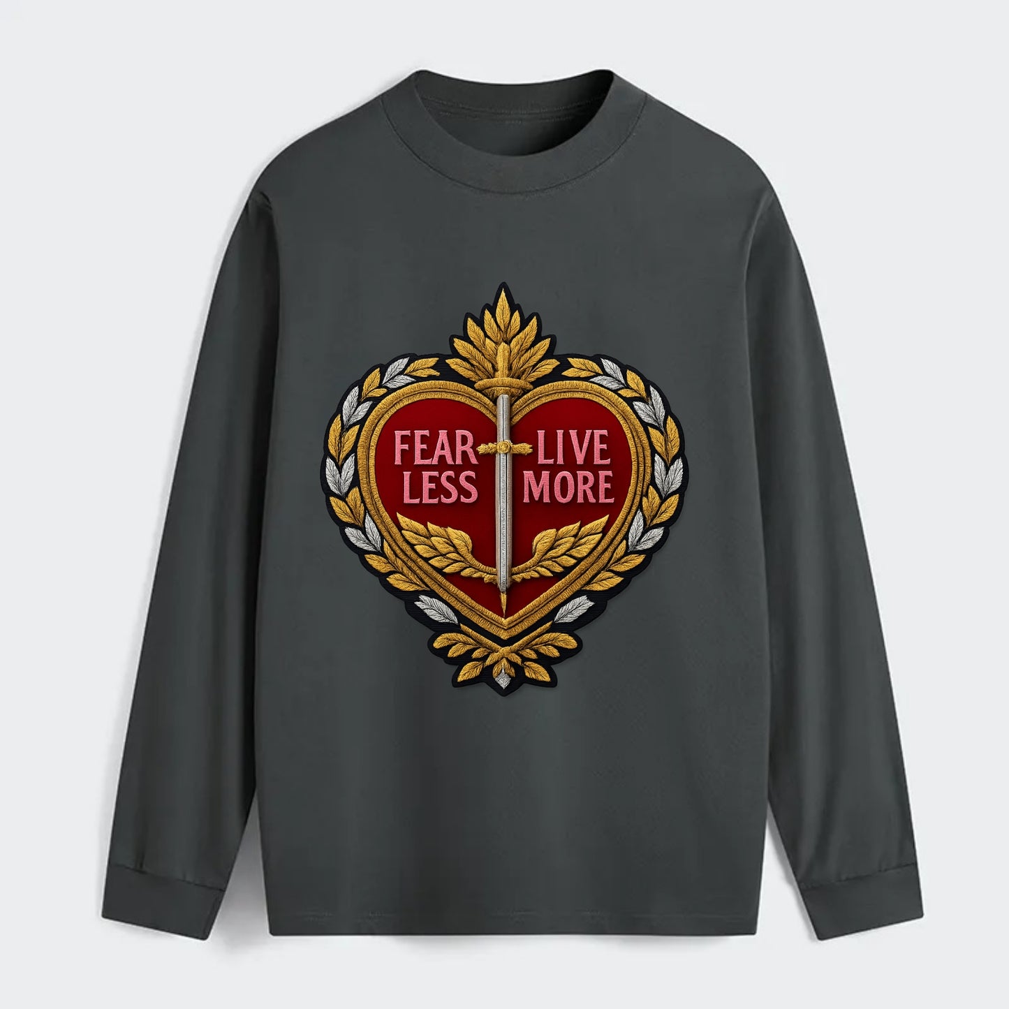 FEAR LESS LIVE MORE - heart with text in red , courage - Classic Long Sleeve Shirt - Gray