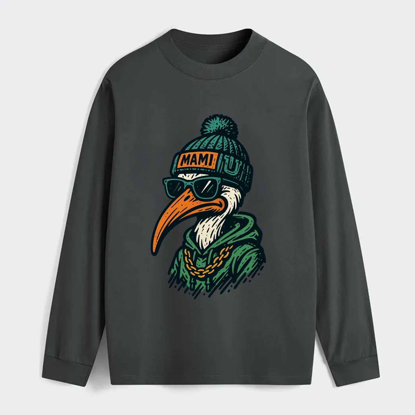 Coral Gables Ibis wearing Miami beanie with U patch - Classic Long Sleeve Shirt - Gray