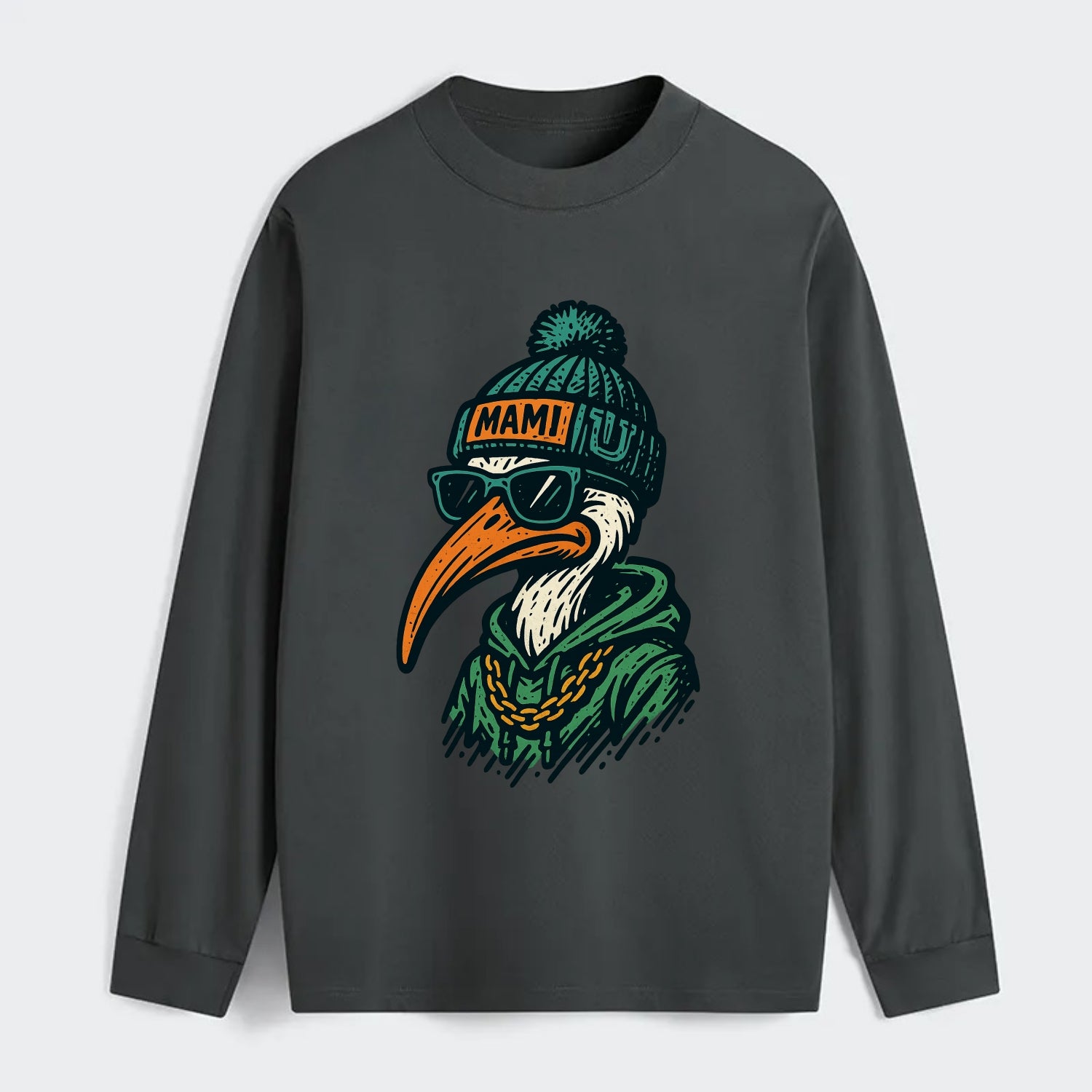 Coral Gables Ibis wearing Miami beanie with U patch - Classic Long Sleeve Shirt - Gray